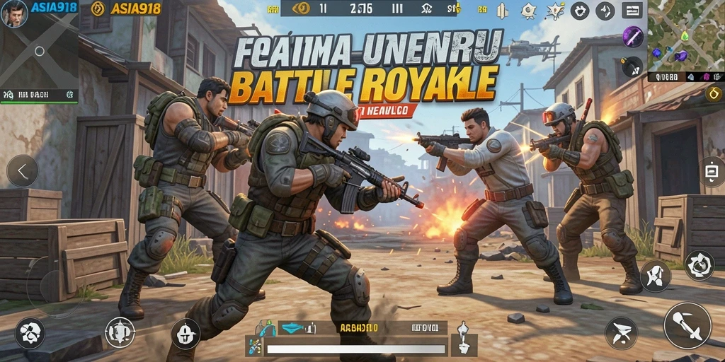 Screenshot gameplay ASIA918 menampilkan pertarungan seru antar pemain di peta luas.