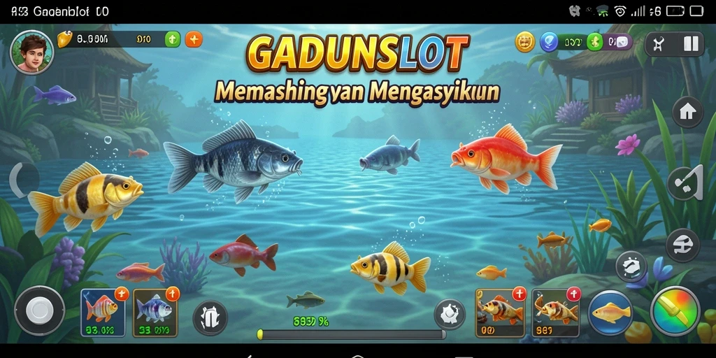 Screenshot gameplay GADUNSLOT menampilkan aktivitas memancing yang seru.