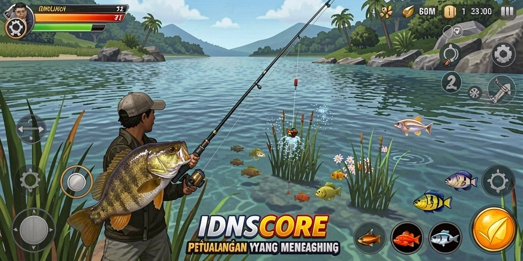 Screenshot IDNSCORE menampilkan aksi seru memancing yang mendebarkan.