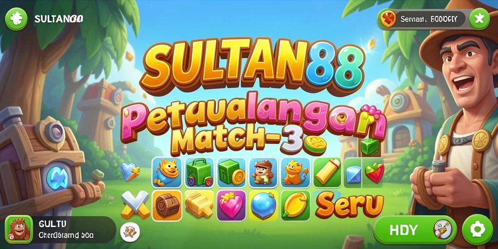 Screenshot utama SULTAN88 menampilkan gameplay seru Match-3 yang penuh warna.