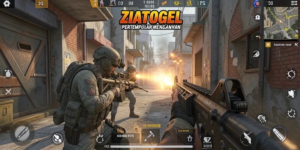 Tampilan aksi intens dalam ZIATOGEL dengan gameplay FPS